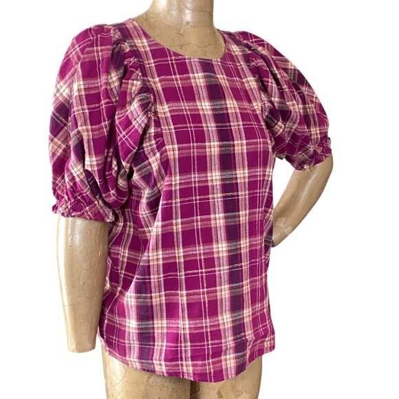 INC International Concepts Madison Plaid Puff-Sleeve Cotton-Linen Top Sz M 315K - Picture 4 of 9